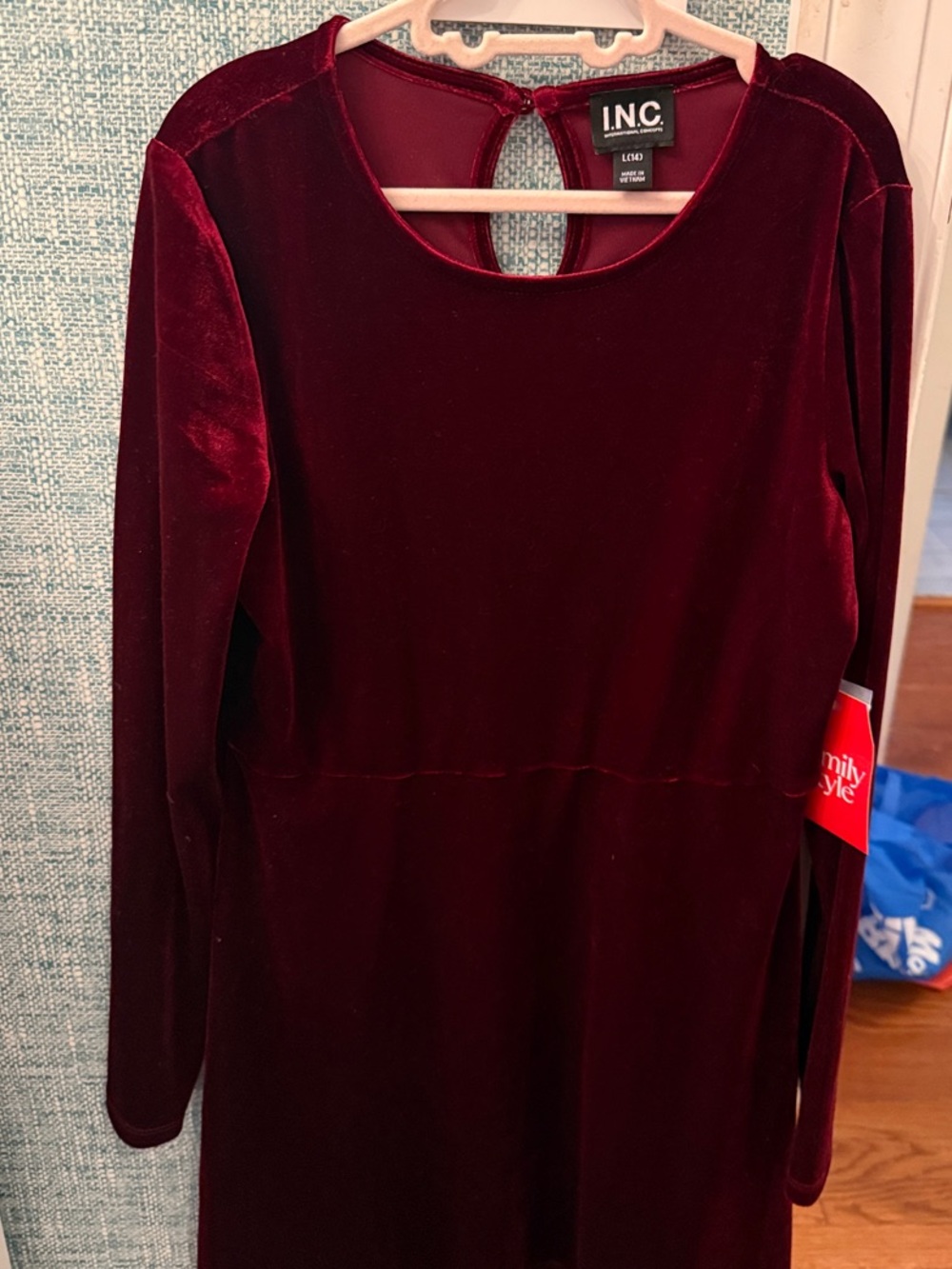 INC International Concepts Long-Sleeve Velvet Dress in Burgundy